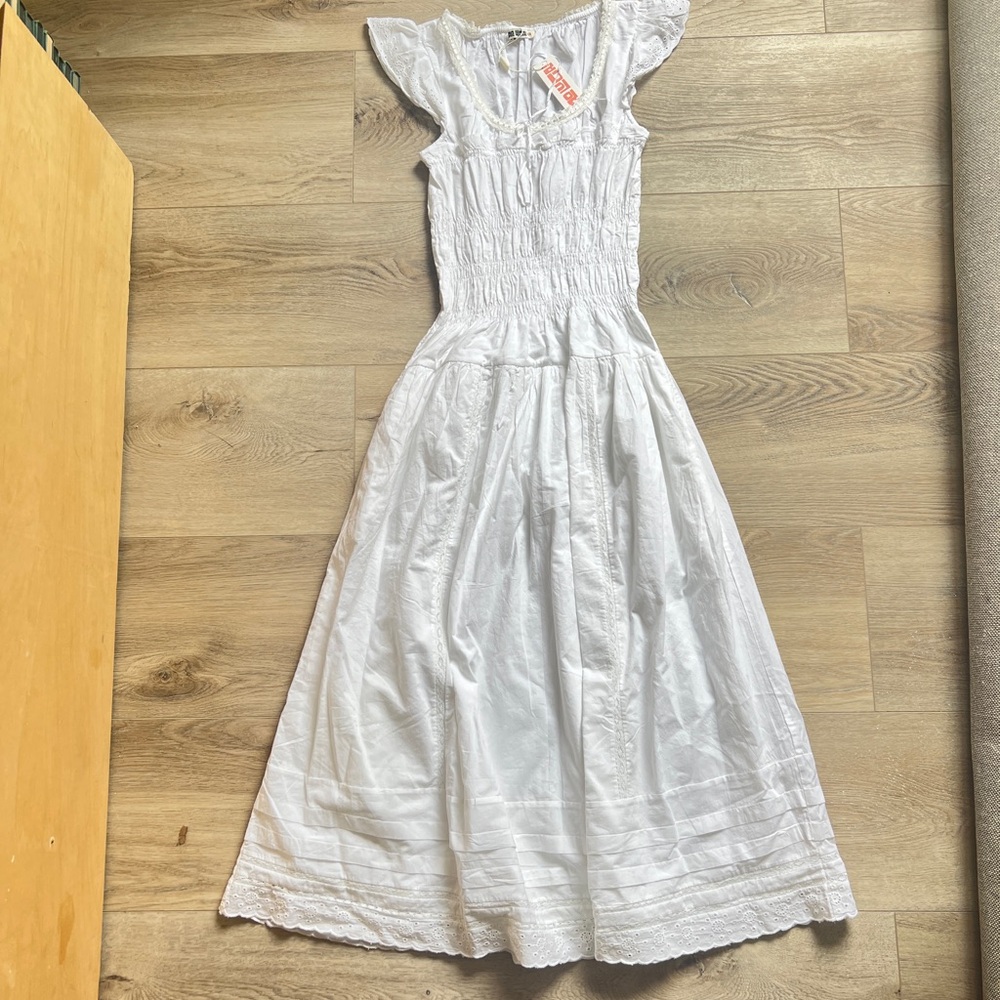 Ciao Lucia Lauretta White Smocked Midi Dress with Ruffle Sleeves - Picture 2 of 4